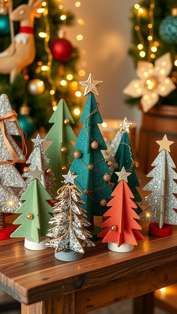 DIY wooden Christmas trees in different sizes, decorated with glitter and ribbons on a rustic table.